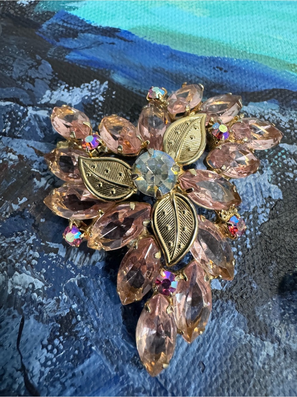 Vintage Pink Crystal Leaf Cluster Brooch and Clip-On Earrings